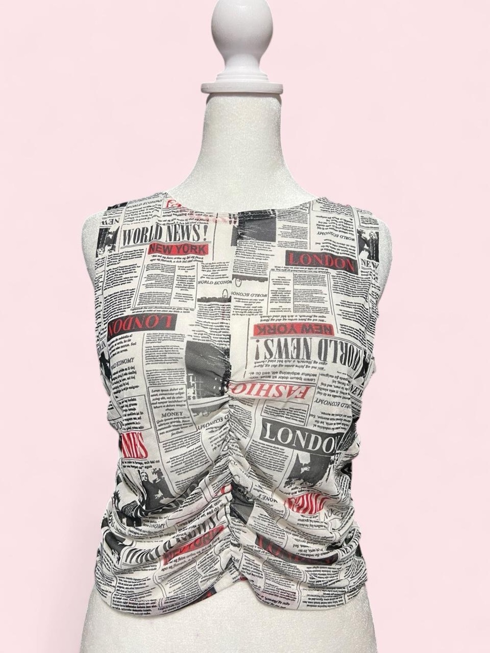 Large Newspaper Print Ruched Tank Top - Black/White with Red Accents